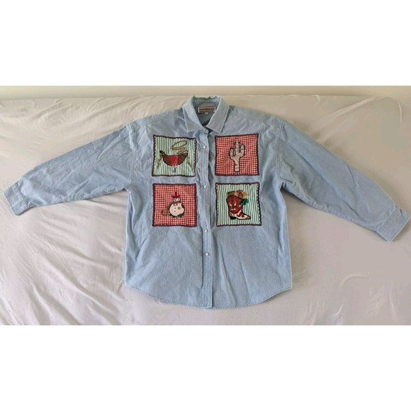 Vintage‎ 90s Western Embroidered Christmas Denim Shirt Size 14 Large Cowboy - Picture 2 of 12